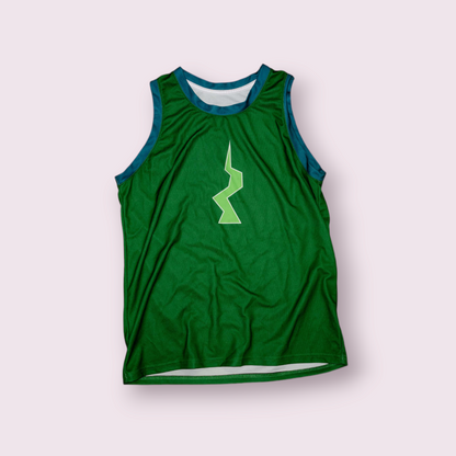 Runescape Guthix-themed custom basketball jersey, front view