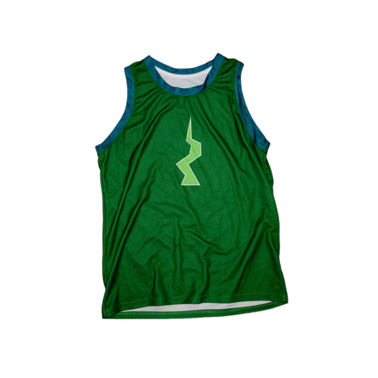 Runescape Guthix-themed custom basketball jersey, front view